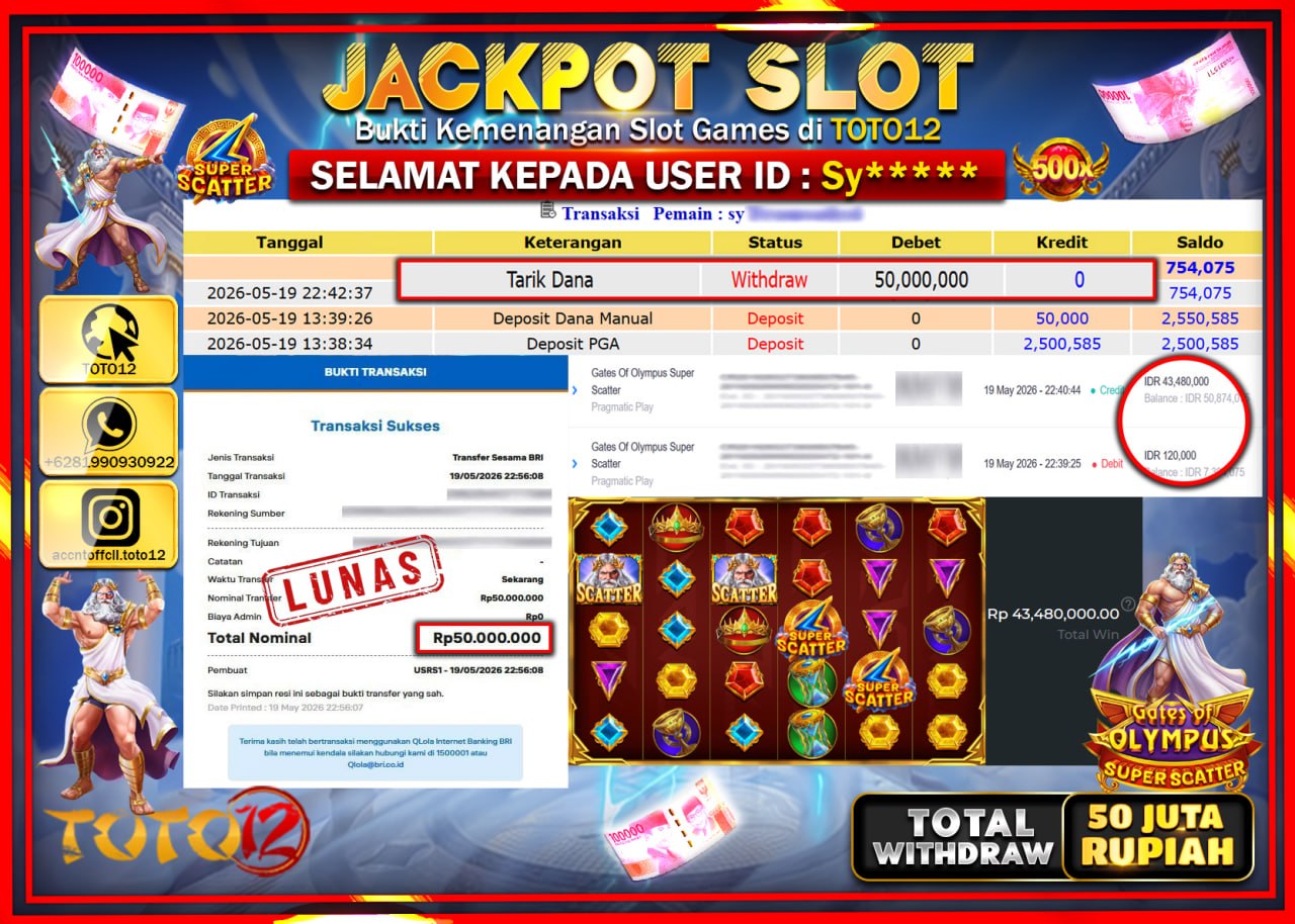 HANYA DI TOTO12 JP PASTI DI BAYAR LUNAS DAN CEPAT!!!!!! JACKPOT SLOT GAME (GATES OF OLYMPUS SUPER SCATTER) Rp50.000.000!!!!
