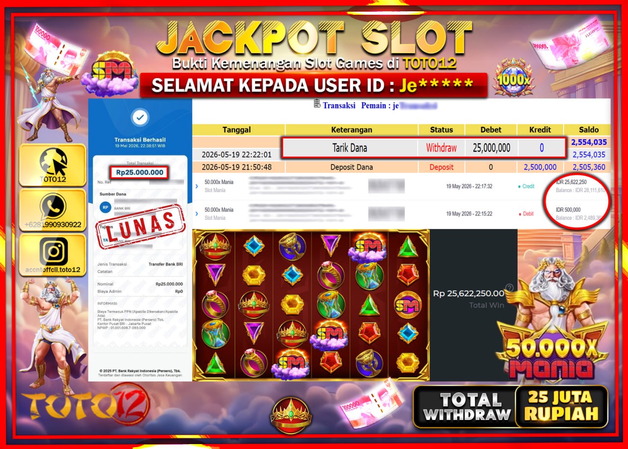 HANYA DI TOTO12 JP PASTI DI BAYAR LUNAS DAN CEPAT!!!!!! JACKPOT SLOT GAME (50.000 X MANIA) Rp25.000.000!!!!