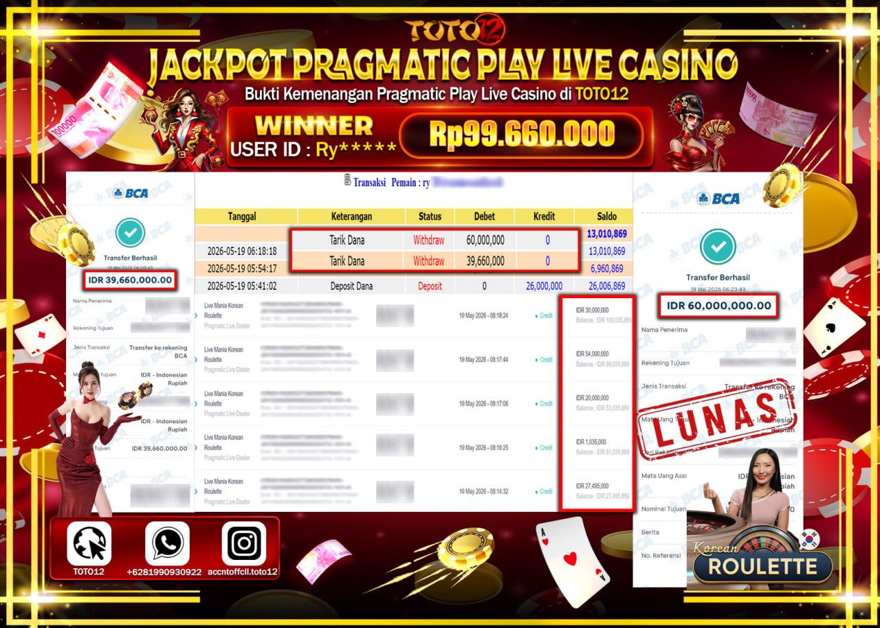 HANYA DI TOTO12 JP PASTI DI BAYAR LUNAS DAN CEPAT!!!!!! JACKPOT PRAGMATIC PLAY LIVE GAME CASINO (LIVE MANIA KOREAN ROULETTE) Rp99.660.000!!!!