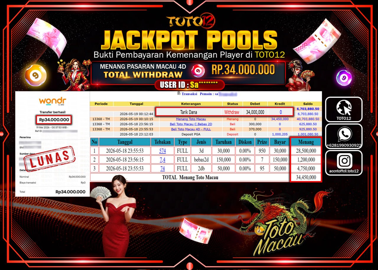 HANYA DI TOTO12 JP PASTI DI BAYAR LUNAS DAN CEPAT!!!!!! JACKPOT POOLS PASARAN (MACAU 4D) Rp34.000.000!!!!