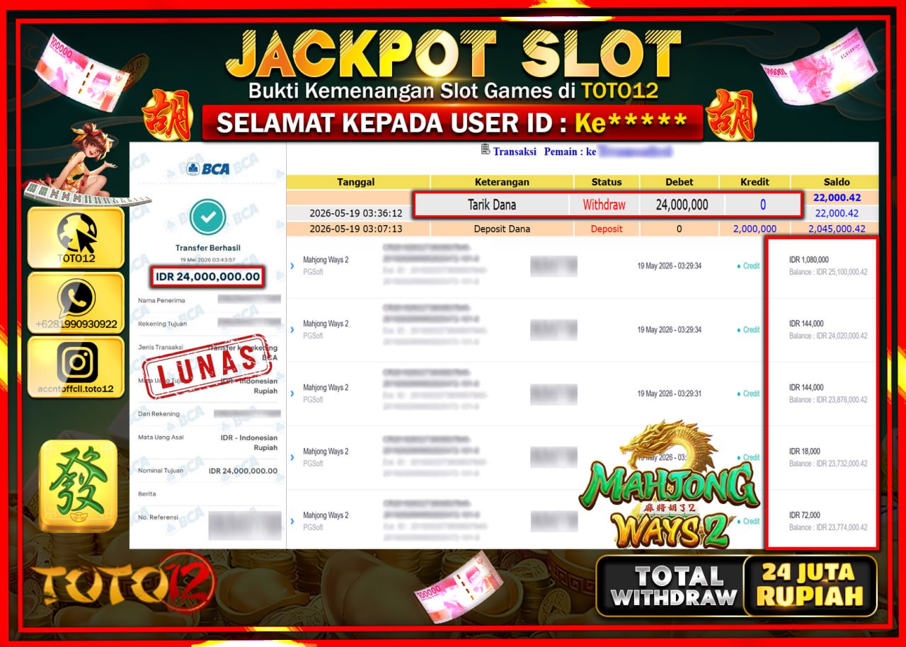 HANYA DI TOTO12 JP PASTI DI BAYAR LUNAS DAN CEPAT!!!!!! JACKPOT SLOT GAME (MAHJONG WAYS 2) Rp24.000.000!!!!