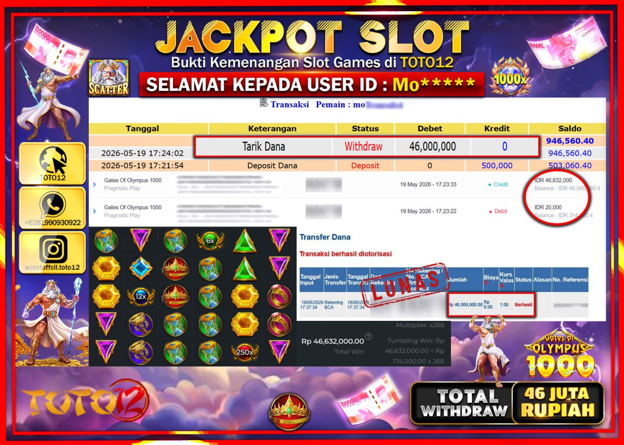 HANYA DI TOTO12 JP PASTI DI BAYAR LUNAS DAN CEPAT!!!!!! JACKPOT SLOT GAME (GATES OF OLYMPUS 1000) Rp46.000.000!!!!