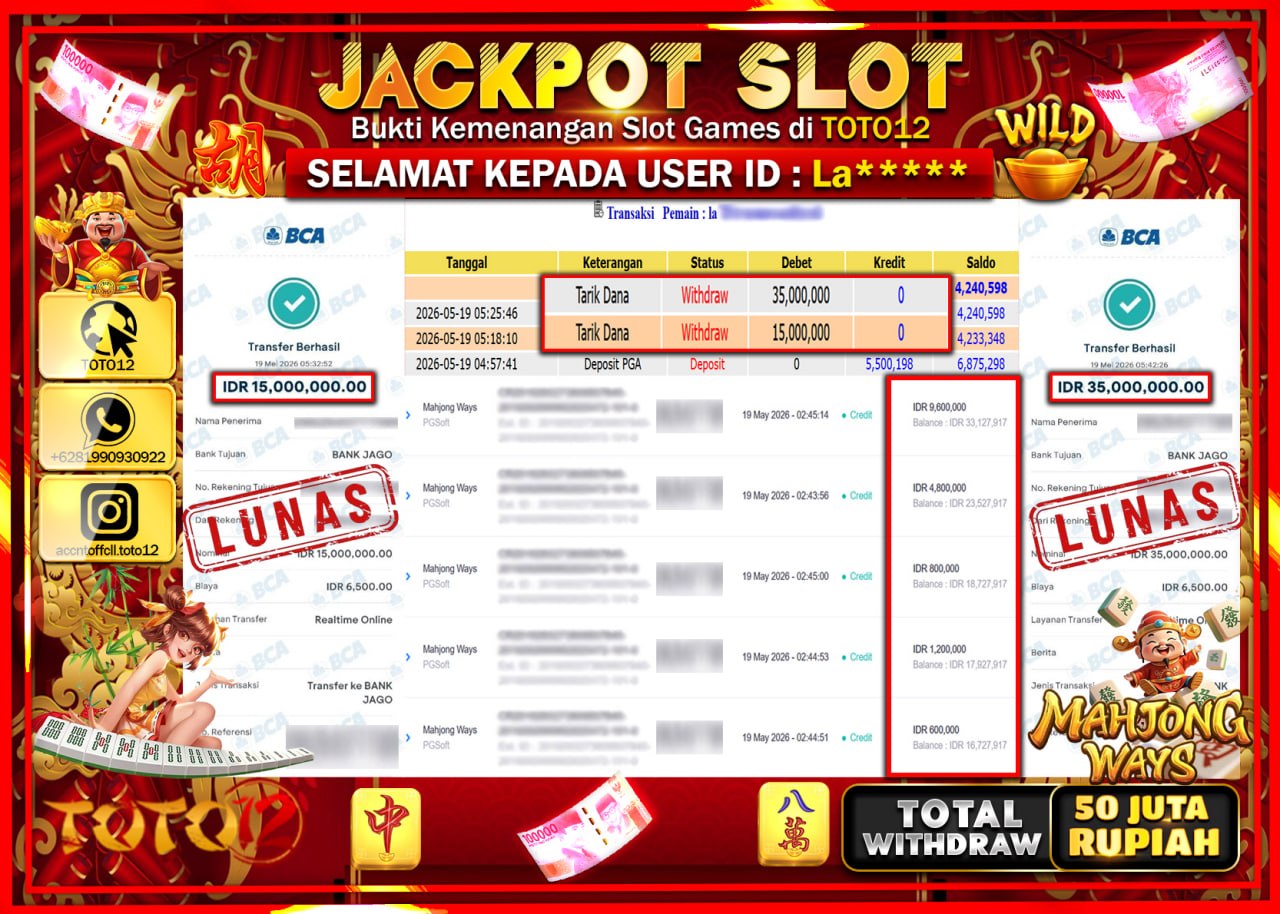 HANYA DI TOTO12 JP PASTI DI BAYAR LUNAS DAN CEPAT!!!!!! JACKPOT SLOT GAME (MAHJONG WAYS) Rp50.000.000!!!!