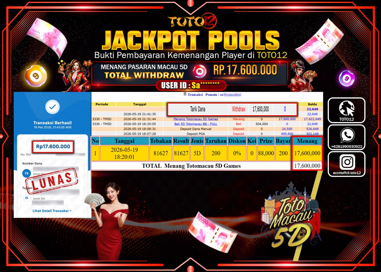 HANYA DI TOTO12 JP PASTI DI BAYAR LUNAS DAN CEPAT!!!!!! JACKPOT POOLS PASARAN (MACAU 5D) Rp17.600.000!!!!