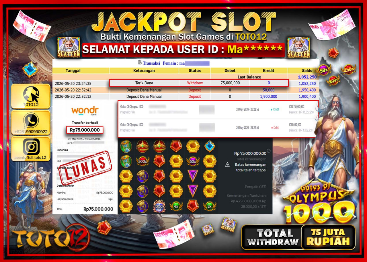 HANYA DI TOTO12 JP PASTI DI BAYAR LUNAS DAN CEPAT!!!!!! JACKPOT SLOT GAME (GATES OF OLYMPUS 1000) Rp75.000.000!!!!