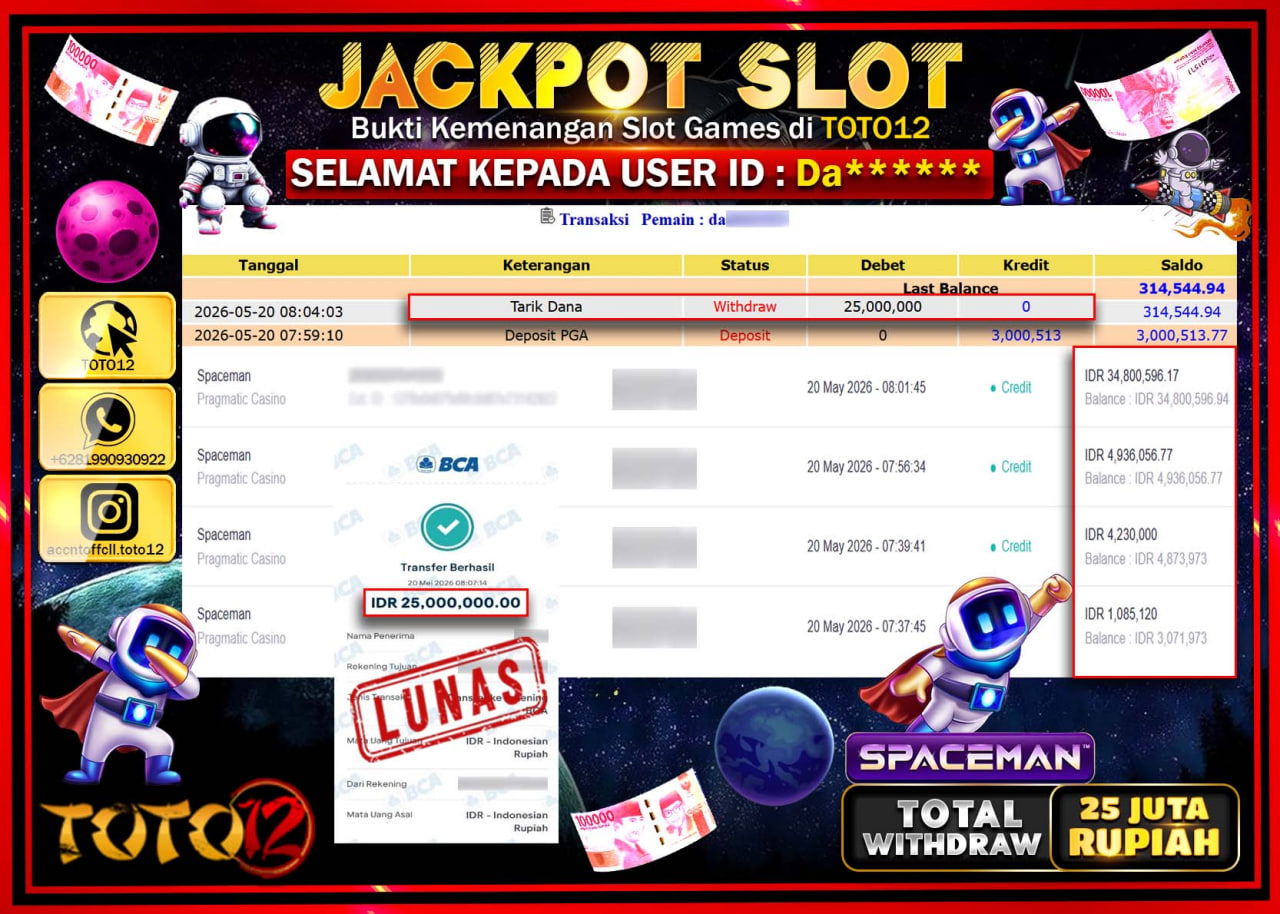 HANYA DI TOTO12 JP PASTI DI BAYAR LUNAS DAN CEPAT!!!!!! JACKPOT SLOT GAME (SPACEMAN) Rp25.000.000!!!!