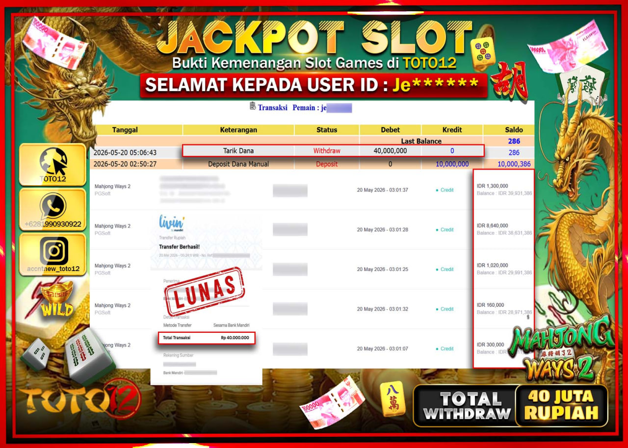 HANYA DI TOTO12 JP PASTI DI BAYAR LUNAS DAN CEPAT!!!!!! JACKPOT SLOT GAME (MAHJONG WAYS 2) Rp40.000.000!!!!