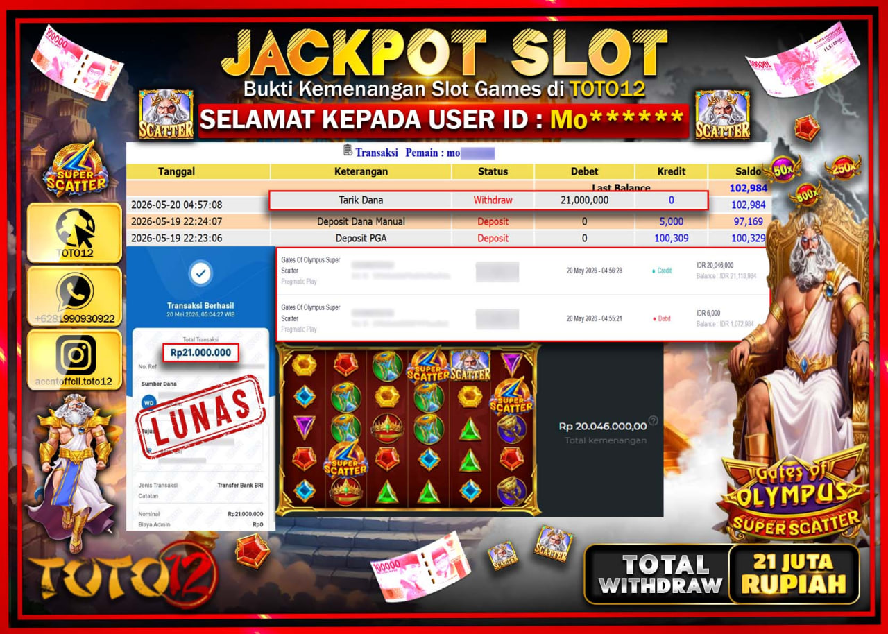 HANYA DI TOTO12 JP PASTI DI BAYAR LUNAS DAN CEPAT!!!!!! JACKPOT SLOT GAME (GATES OF OLYMPUS SUPER SCATTER) Rp21.000.000!!!!