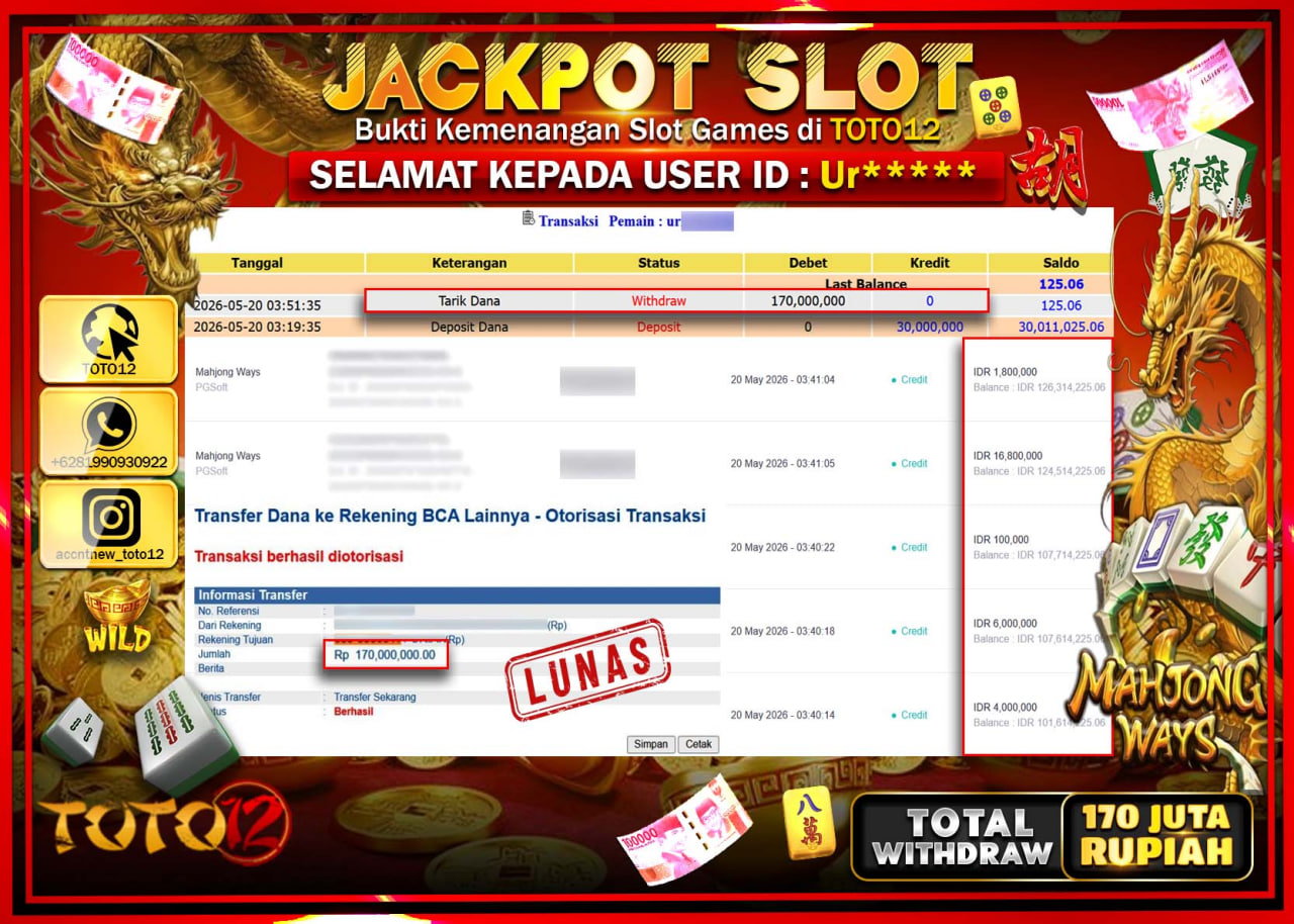 HANYA DI TOTO12 JP PASTI DI BAYAR LUNAS DAN CEPAT!!!!!! JACKPOT SLOT GAME (MAHJONG WAYS) Rp170.000.000!!!!