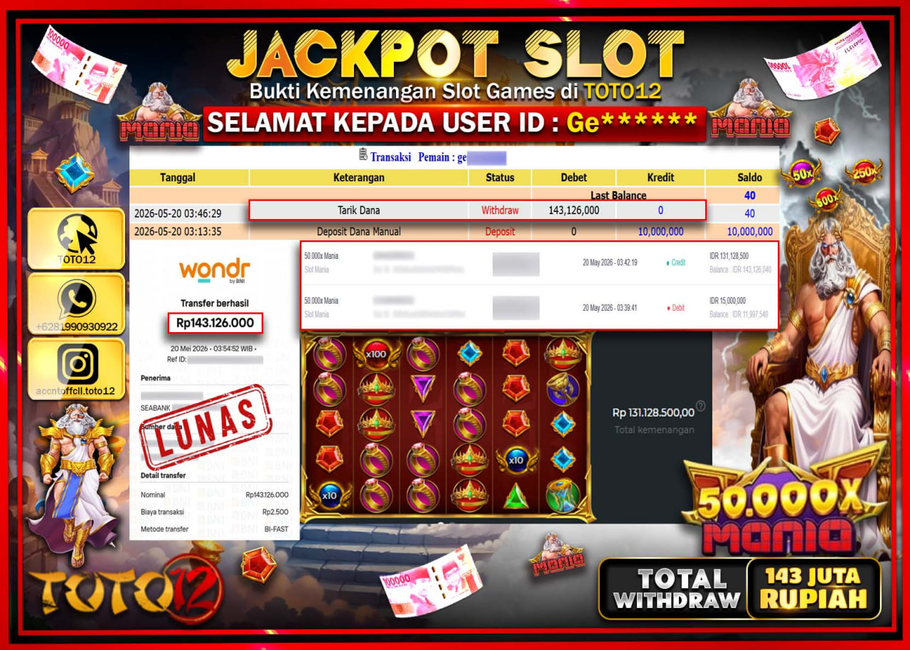 HANYA DI TOTO12 JP PASTI DI BAYAR LUNAS DAN CEPAT!!!!!! JACKPOT SLOT GAME (50.000 X MANIA) Rp143.126.000!!!!