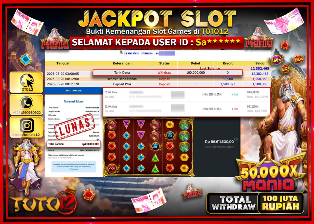 HANYA DI TOTO12 JP PASTI DI BAYAR LUNAS DAN CEPAT!!!!!! JACKPOT SLOT GAME (50.000 X MANIA) Rp100.000.000!!!!
