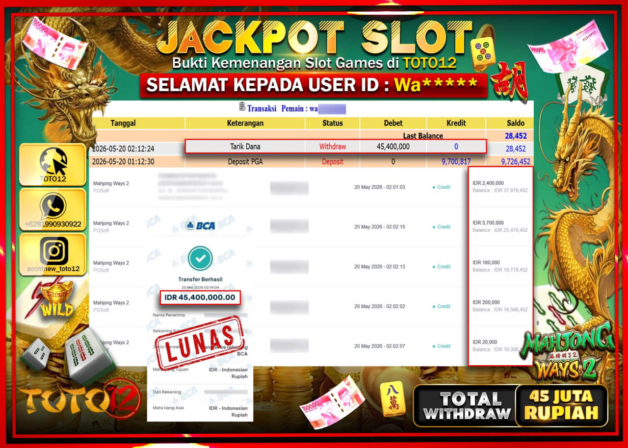 HANYA DI TOTO12 JP PASTI DI BAYAR LUNAS DAN CEPAT!!!!!! JACKPOT SLOT GAME (MAHJONG WAYS 2) Rp45.000.000!!!!