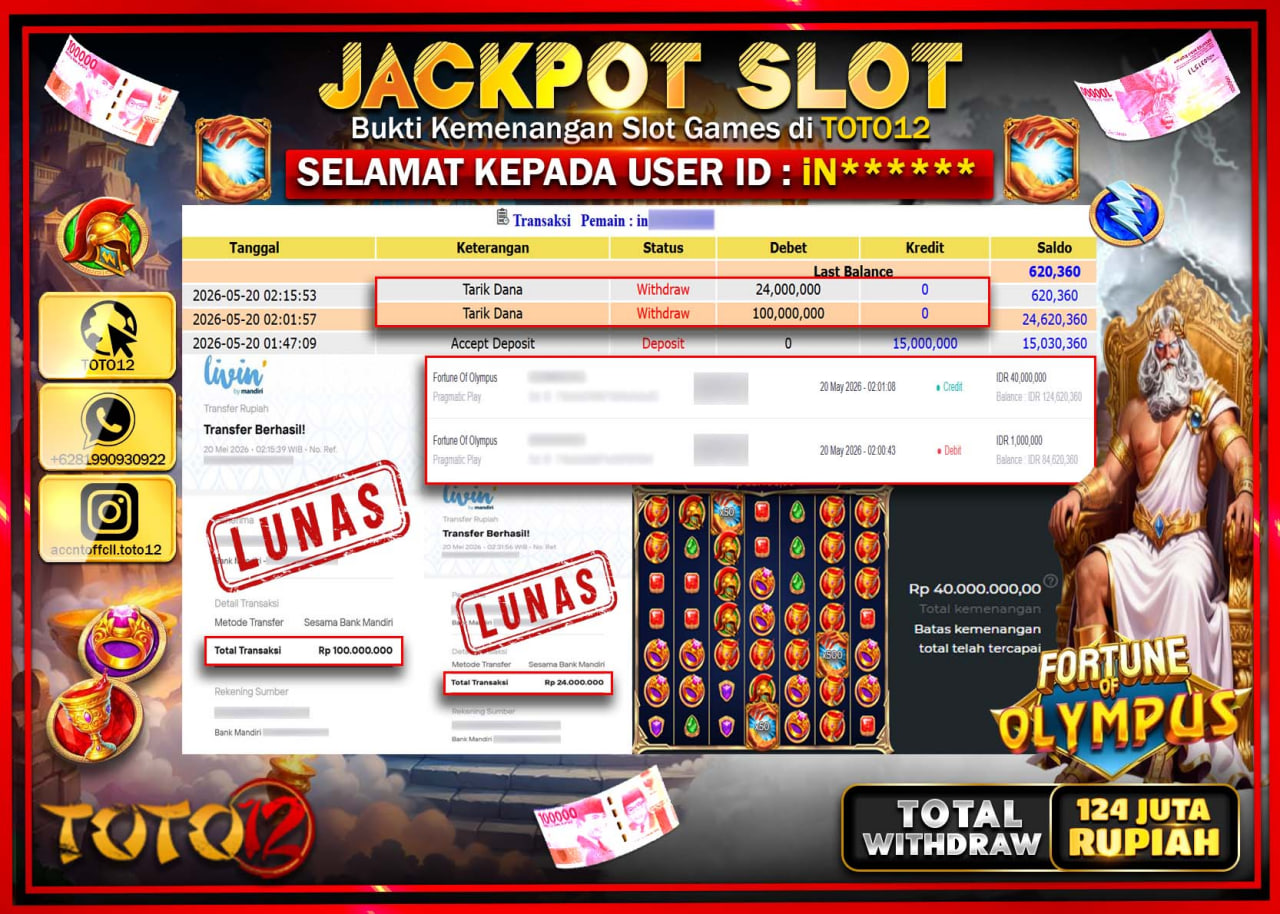 HANYA DI TOTO12 JP PASTI DI BAYAR LUNAS DAN CEPAT!!!!!! JACKPOT SLOT GAME (FORTUNE OF OLYMPUS) Rp124.000.000!!!!