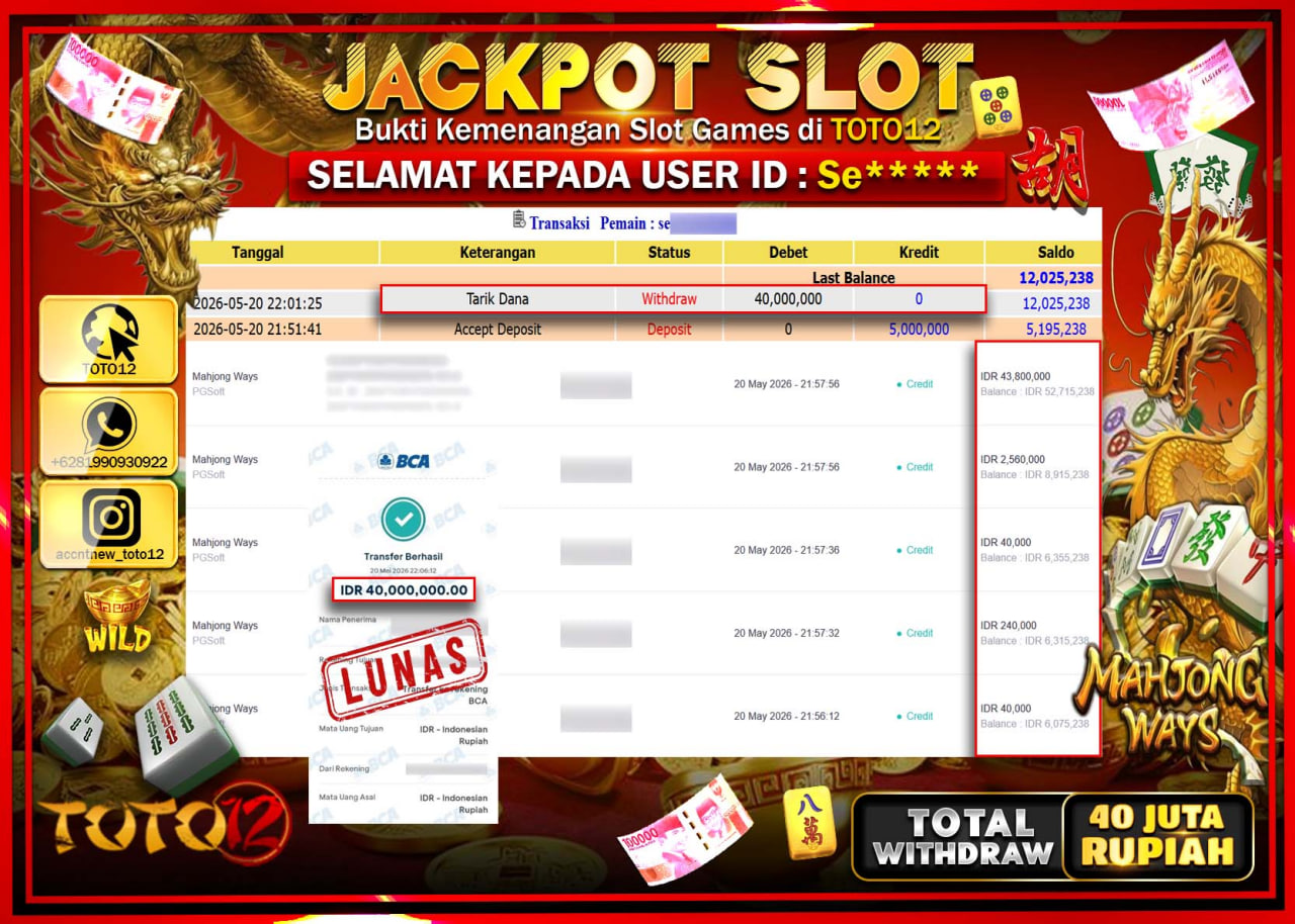 HANYA DI TOTO12 JP PASTI DI BAYAR LUNAS DAN CEPAT!!!!!! JACKPOT SLOT GAME (MAHJONG WAYS) Rp40.000.000!!!!