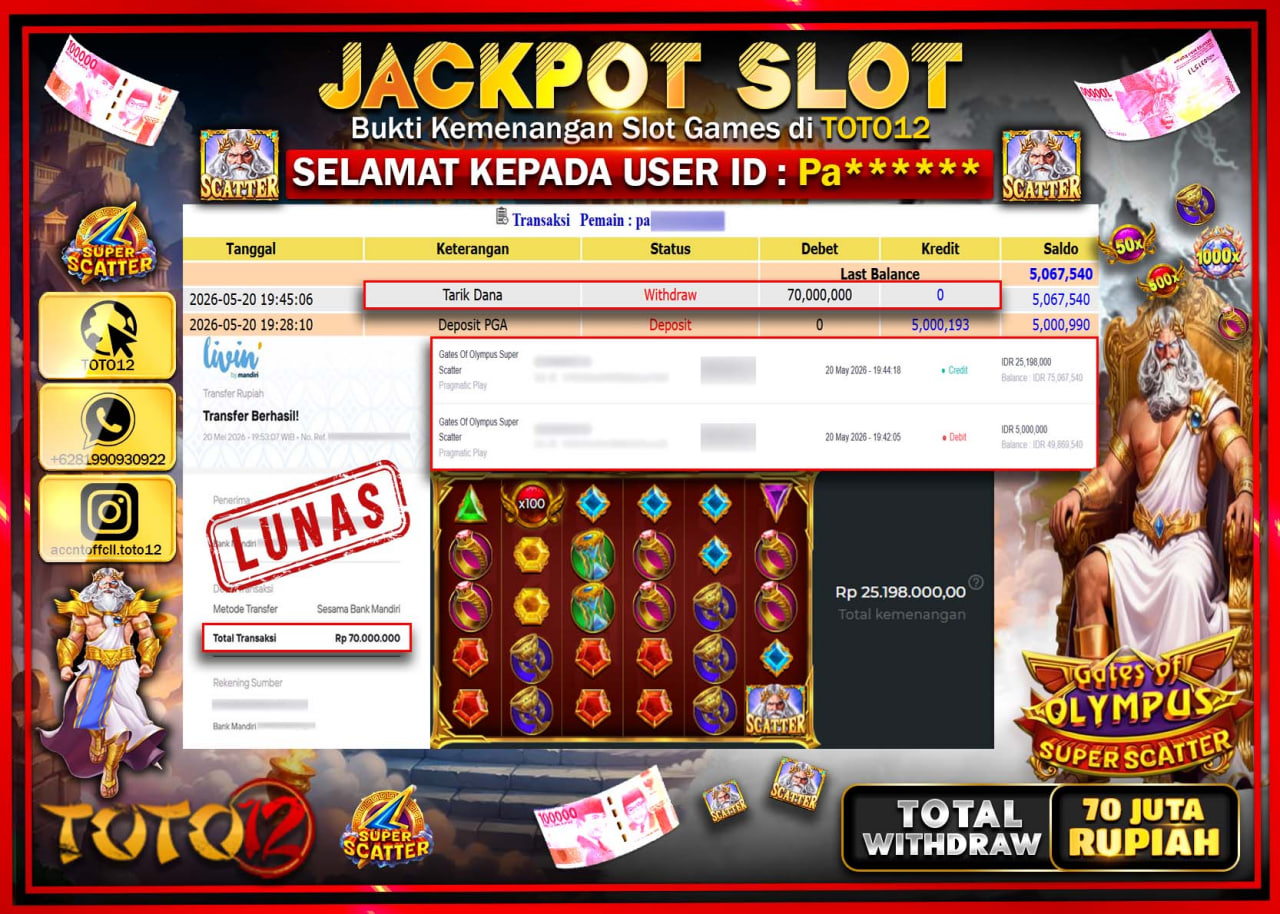 HANYA DI TOTO12 JP PASTI DI BAYAR LUNAS DAN CEPAT!!!!!! JACKPOT SLOT GAME (GATES OF OLYMPUS SUPER SCATTER) Rp70.000.000!!!!