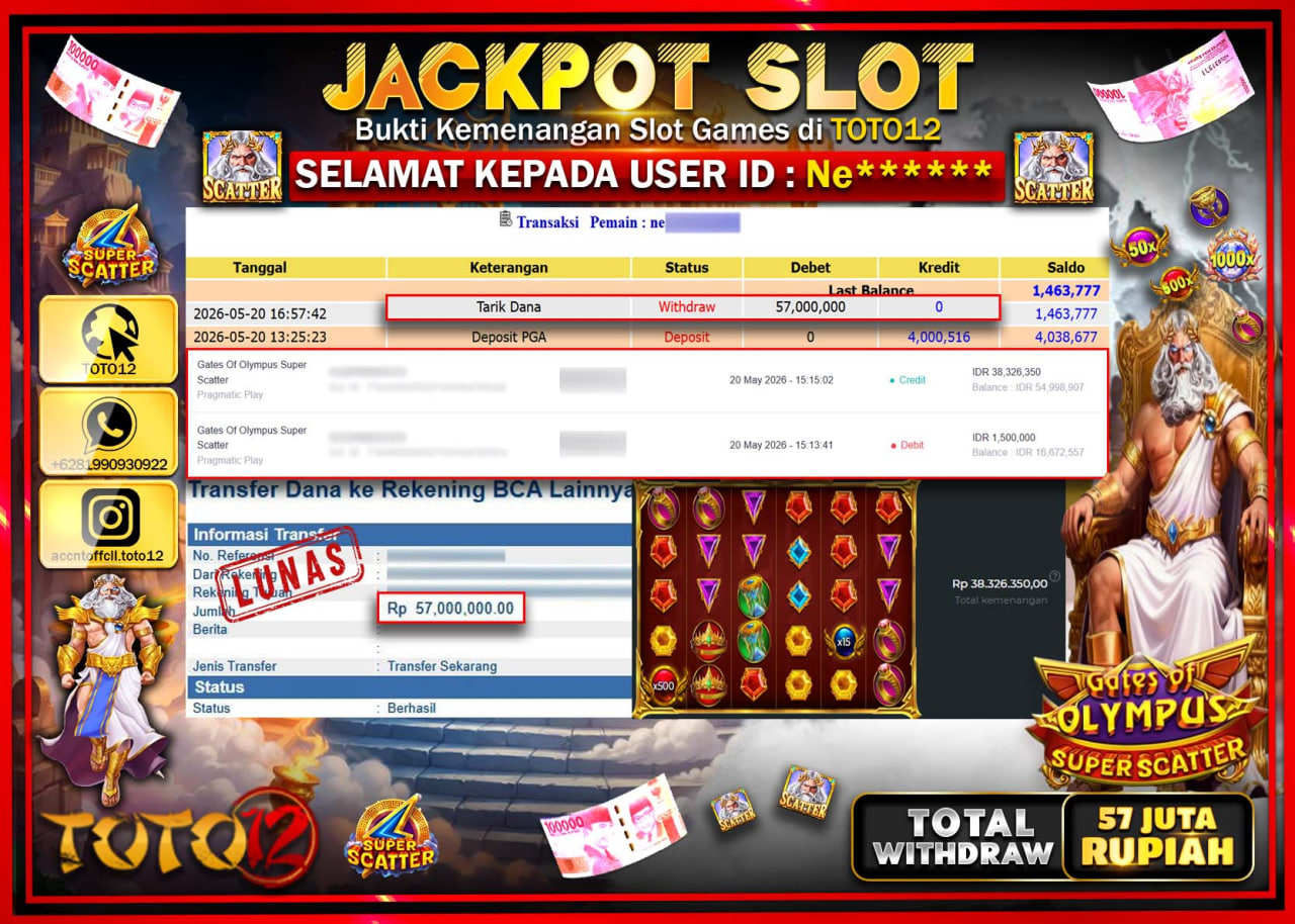 HANYA DI TOTO12 JP PASTI DI BAYAR LUNAS DAN CEPAT!!!!!! JACKPOT SLOT GAME (GATES OF OLYMPUS SUPER SCATTER) Rp57.000.000!!!!