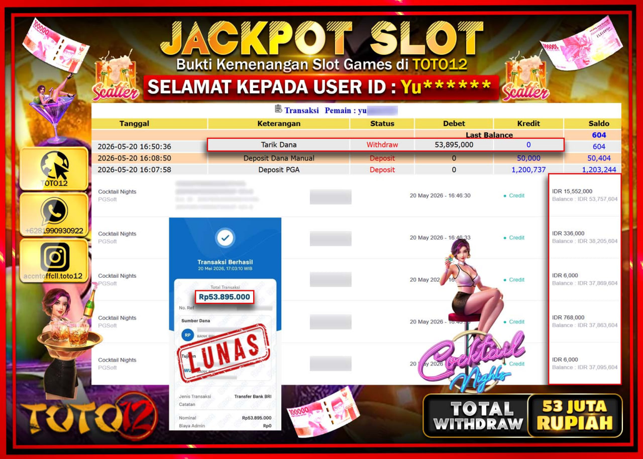 HANYA DI TOTO12 JP PASTI DI BAYAR LUNAS DAN CEPAT!!!!!! JACKPOT SLOT GAME (COCKTAIL NIGHTS) Rp53.895.000!!!!