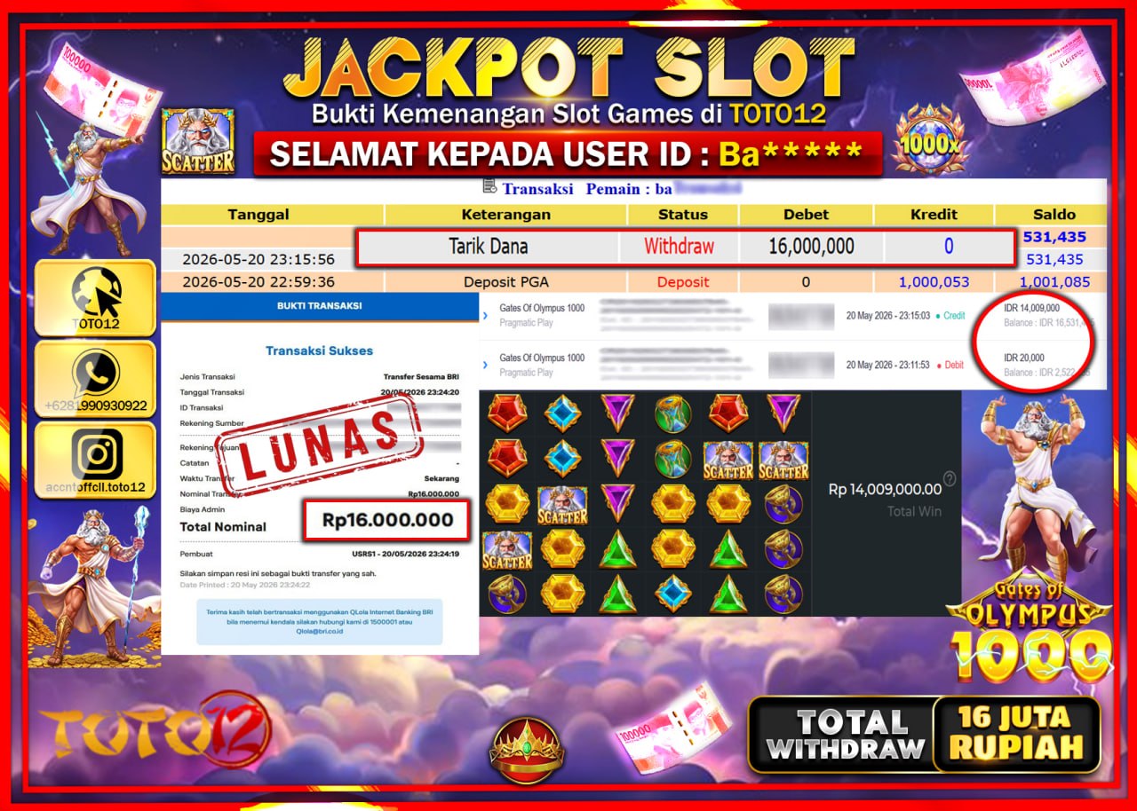 HANYA DI TOTO12 JP PASTI DI BAYAR LUNAS DAN CEPAT!!!!!! JACKPOT SLOT GAME (GATES OF OLYMPUS 1000) Rp16.000.000!!!!
