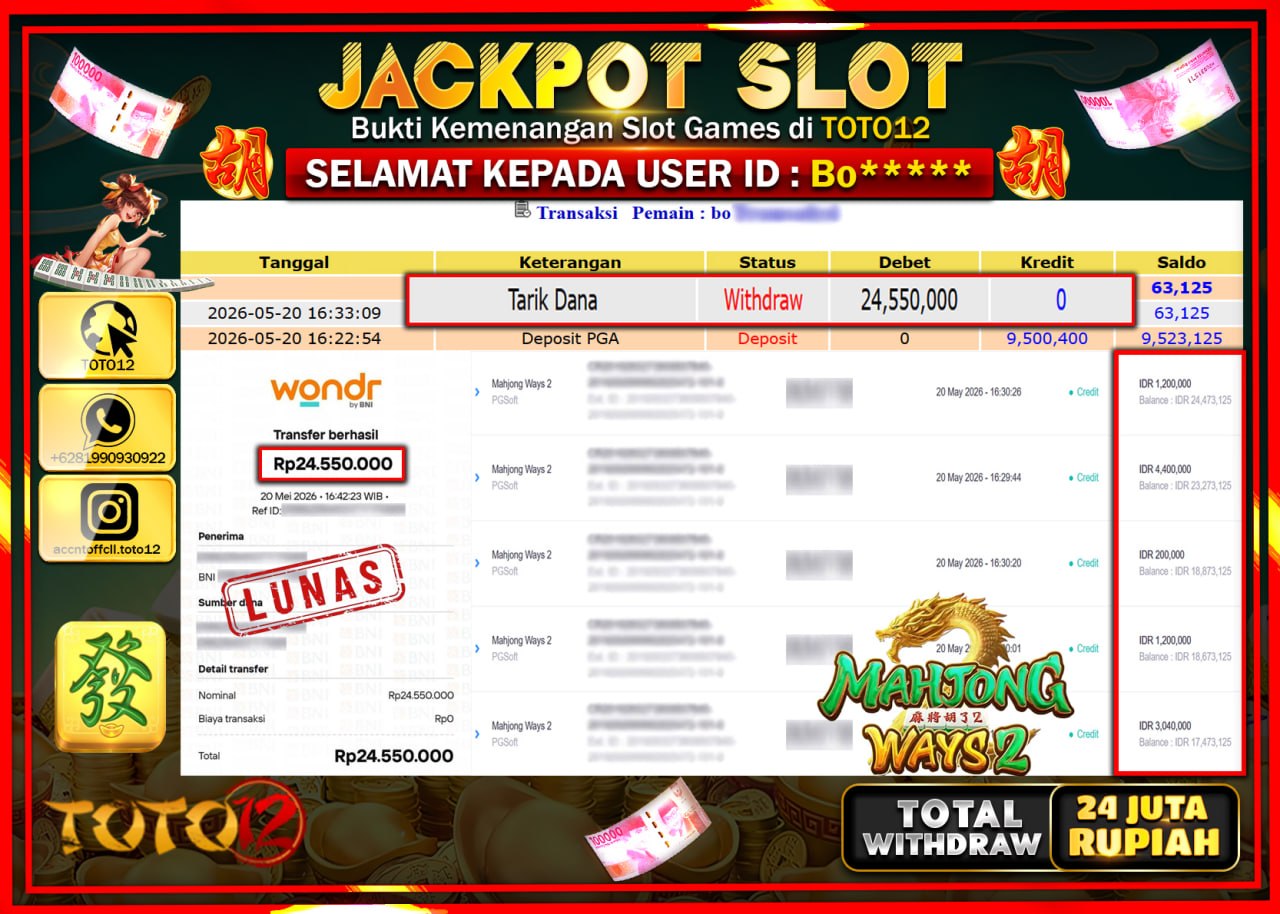 HANYA DI TOTO12 JP PASTI DI BAYAR LUNAS DAN CEPAT!!!!!! JACKPOT SLOT GAME (MAHJONG WAYS 2) Rp24.550.000!!!!