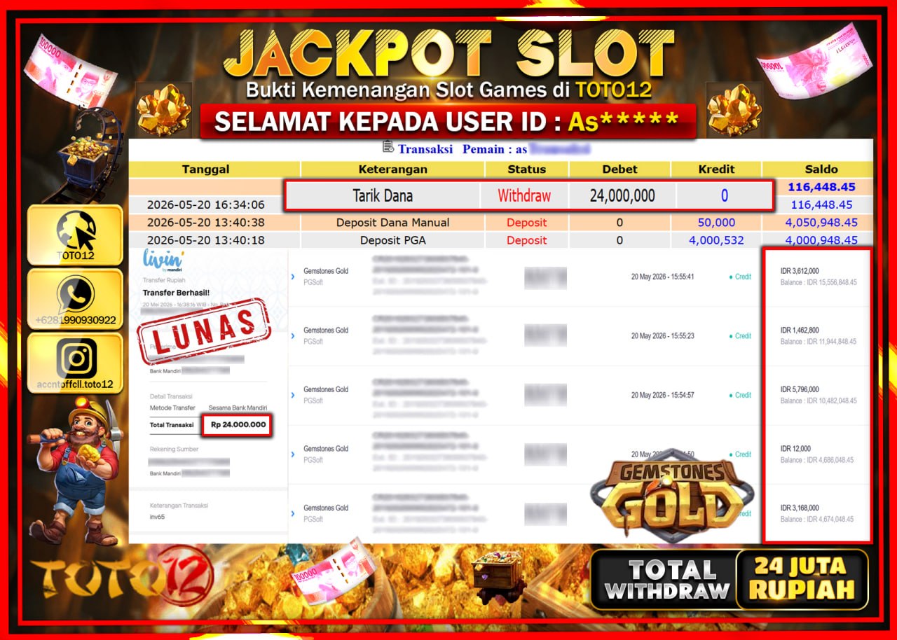 HANYA DI TOTO12 JP PASTI DI BAYAR LUNAS DAN CEPAT!!!!!! JACKPOT SLOT GAME (GEMSTONES GOLD) Rp24.000.000!!!!