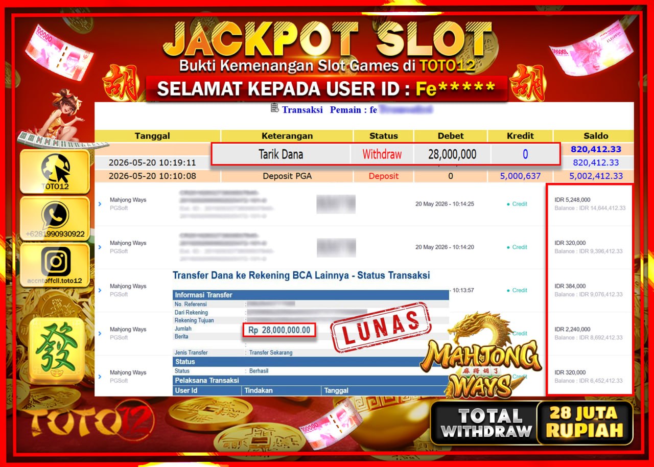 HANYA DI TOTO12 JP PASTI DI BAYAR LUNAS DAN CEPAT!!!!!! JACKPOT SLOT GAME (MAHJONG WAYS) Rp28.000.000!!!!