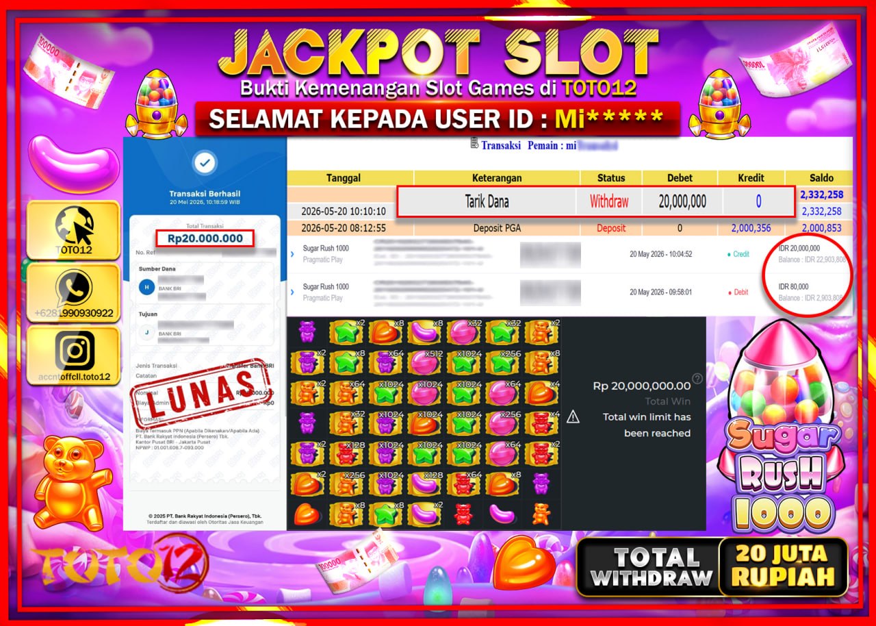 HANYA DI TOTO12 JP PASTI DI BAYAR LUNAS DAN CEPAT!!!!!! JACKPOT SLOT GAME (SUGAR RUSH 1000) Rp20.000.000!!!!