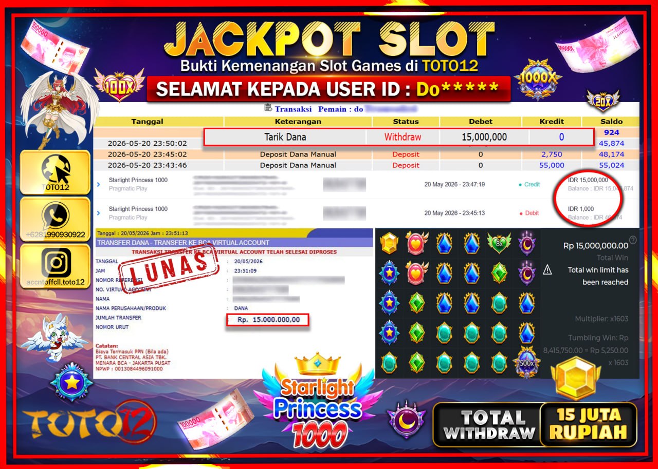 HANYA DI TOTO12 JP PASTI DI BAYAR LUNAS DAN CEPAT!!!!!! JACKPOT SLOT GAME (STARLIGHT PRINCESS 1000) Rp15.000.000!!!!