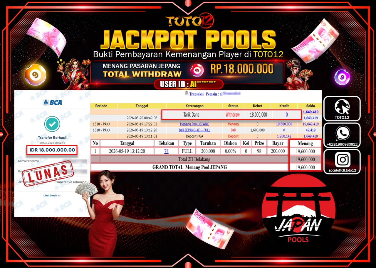HANYA DI TOTO12 JP PASTI DI BAYAR LUNAS DAN CEPAT!!!!!! JACKPOT POOLS PASARAN(JEPANG) Rp18.000.000!!!!