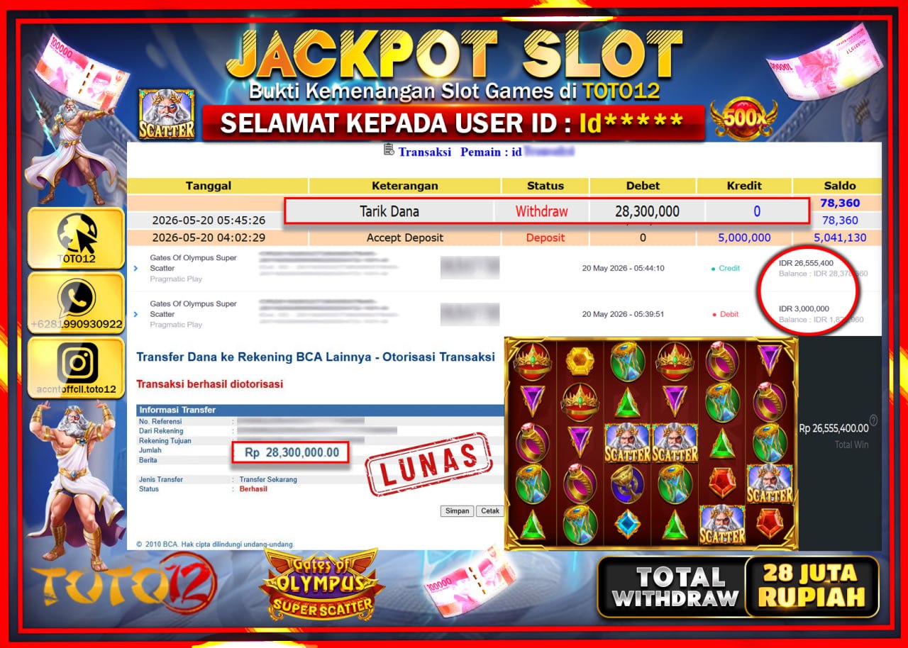 HANYA DI TOTO12 JP PASTI DI BAYAR LUNAS DAN CEPAT!!!!!! JACKPOT SLOT GAME (GATES OF OLYMPUS SUPER SCATTER) Rp28.300.000!!!!