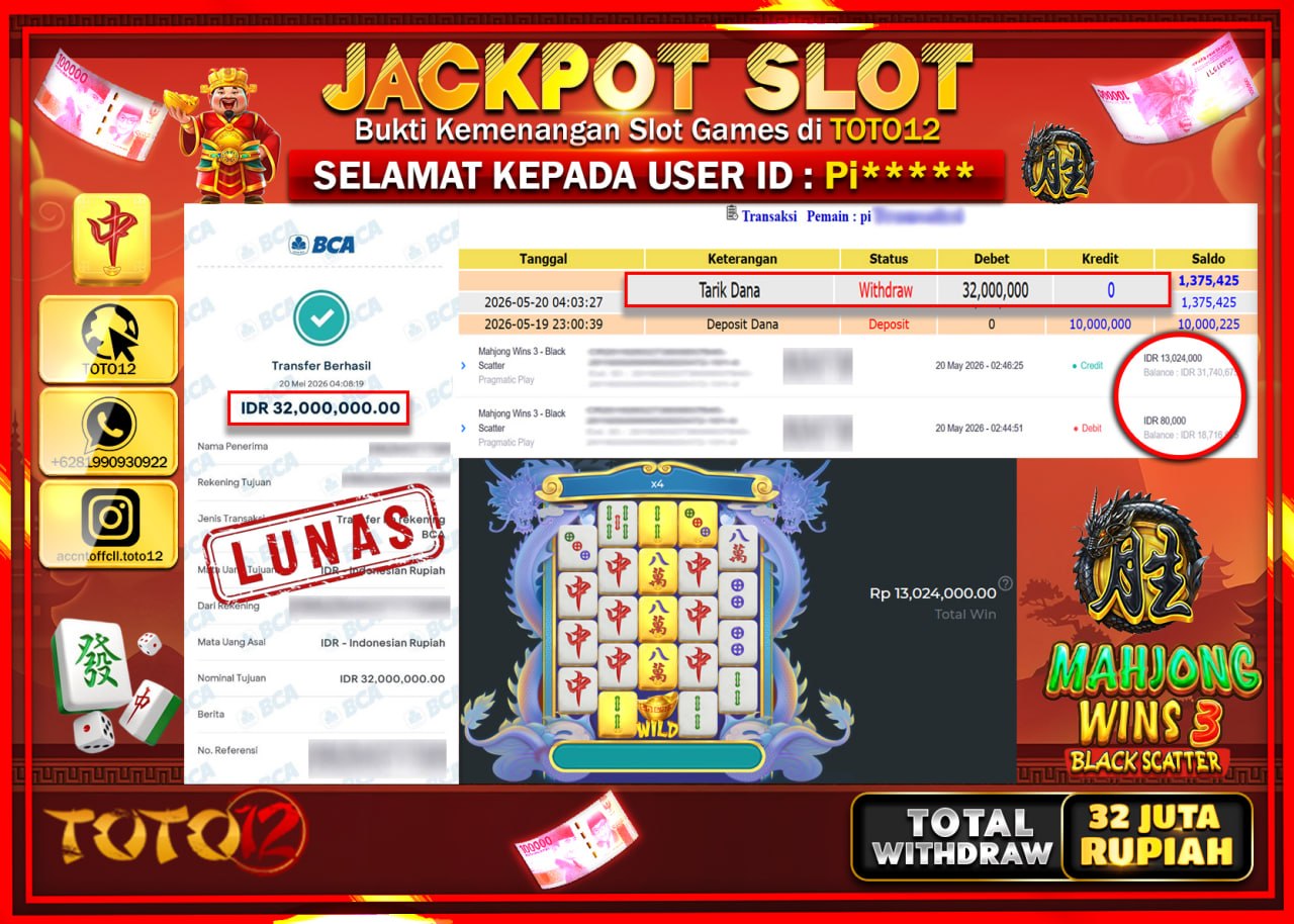 HANYA DI TOTO12 JP PASTI DI BAYAR LUNAS DAN CEPAT!!!!!! JACKPOT SLOT GAME (MAHJONG WINS 3 BLACK SCATTER) Rp32.000.000!!!!