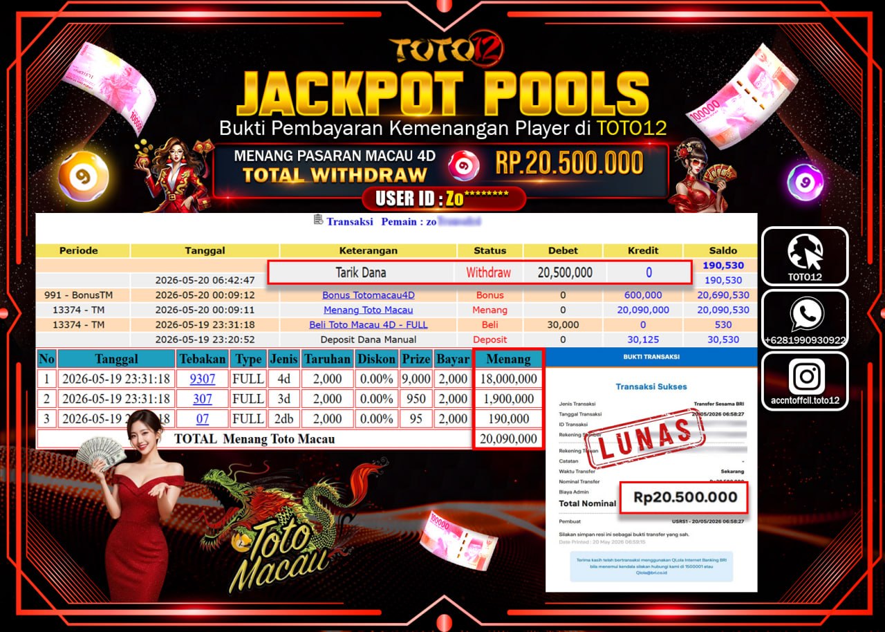 HANYA DI TOTO12 JP PASTI DI BAYAR LUNAS DAN CEPAT!!!!!! JACKPOT POOLS PASARAN(MACAU4D) Rp20.500.000!!!!