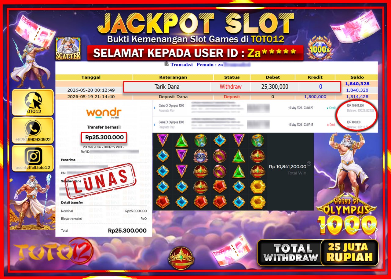 HANYA DI TOTO12 JP PASTI DI BAYAR LUNAS DAN CEPAT!!!!!! JACKPOT SLOT GAME (GATES OF OLYMPUS 1000) Rp25.300.000!!!!