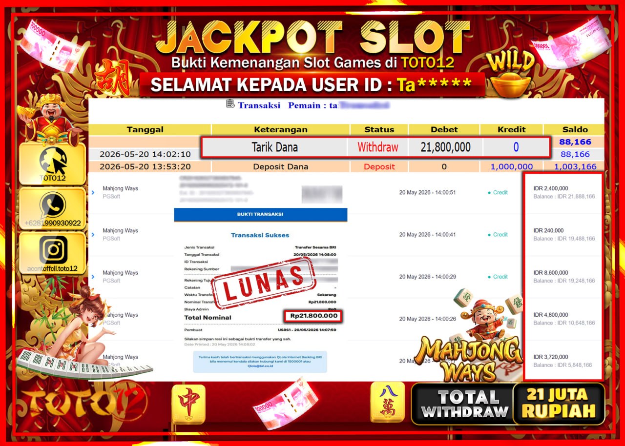 HANYA DI TOTO12 JP PASTI DI BAYAR LUNAS DAN CEPAT!!!!!! JACKPOT SLOT GAME (MAHJONG WAYS) Rp21.800.000!!!!