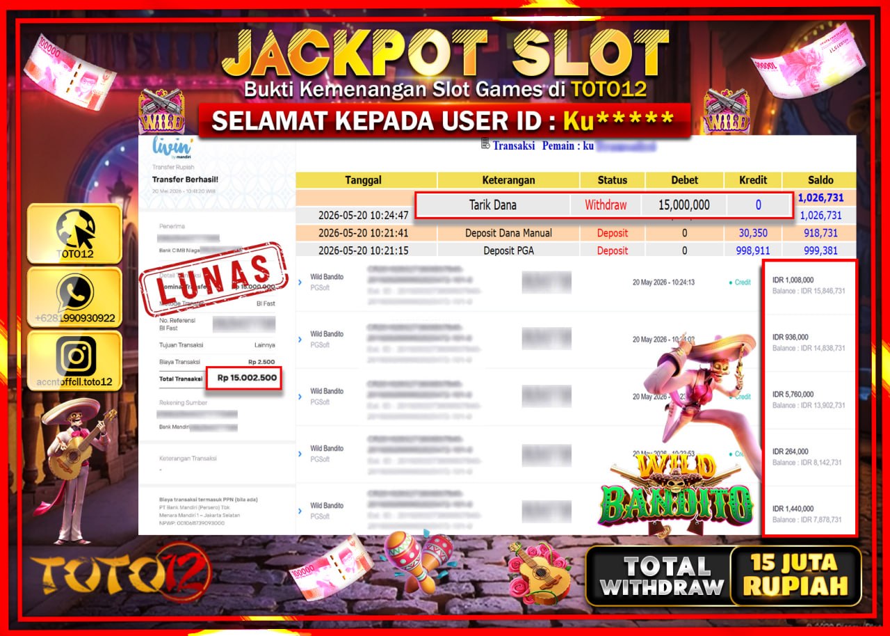 HANYA DI TOTO12 JP PASTI DI BAYAR LUNAS DAN CEPAT!!!!!! JACKPOT SLOT GAME (WILD BANDITO) Rp15.000.000!!!!