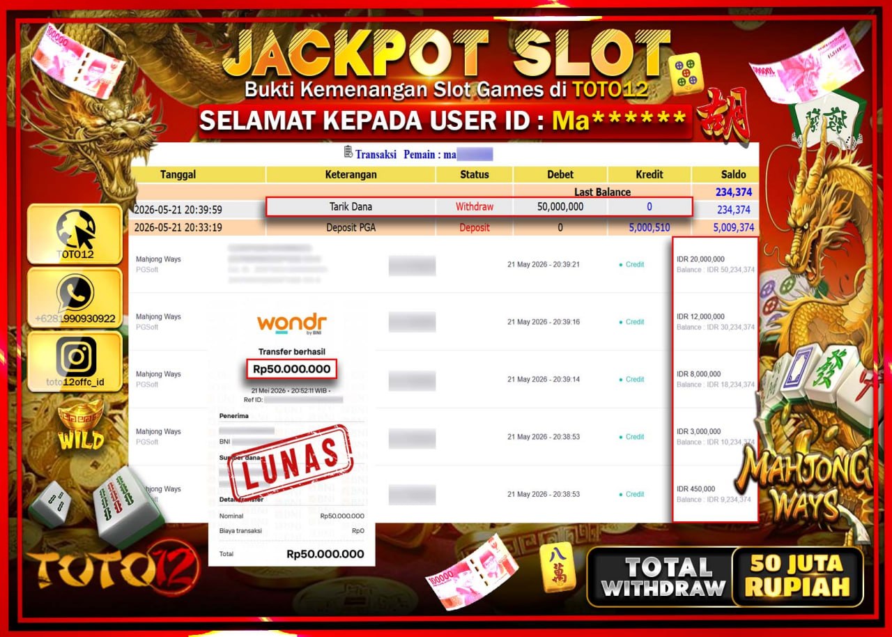 HANYA DI TOTO12 JP PASTI DI BAYAR LUNAS DAN CEPAT!!!!!! JACKPOT SLOT GAME (MAHJONG WAYS) Rp50.000.000!!!!