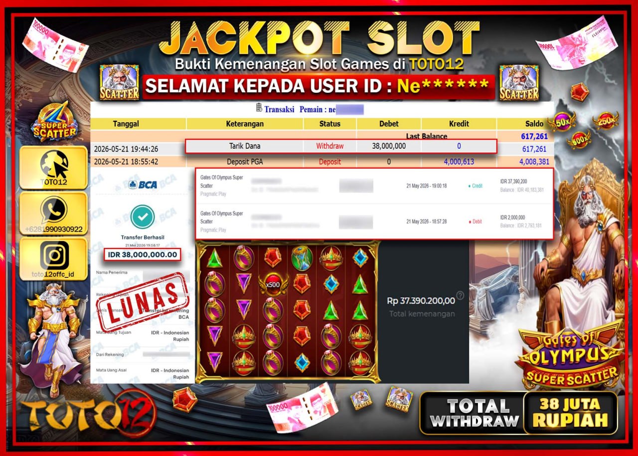 HANYA DI TOTO12 JP PASTI DI BAYAR LUNAS DAN CEPAT!!!!!! JACKPOT SLOT GAME (GATES OF OLYMPUS SUPER SCATTER) Rp38.000.000!!!!
