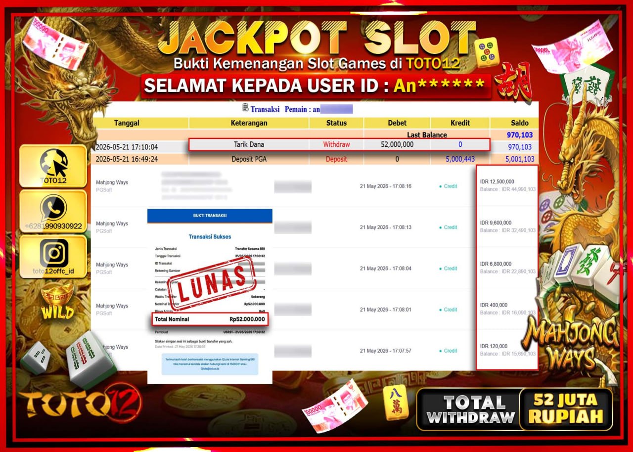 HANYA DI TOTO12 JP PASTI DI BAYAR LUNAS DAN CEPAT!!!!!! JACKPOT SLOT GAME (MAHJONG WAYS) Rp52.000.000!!!!