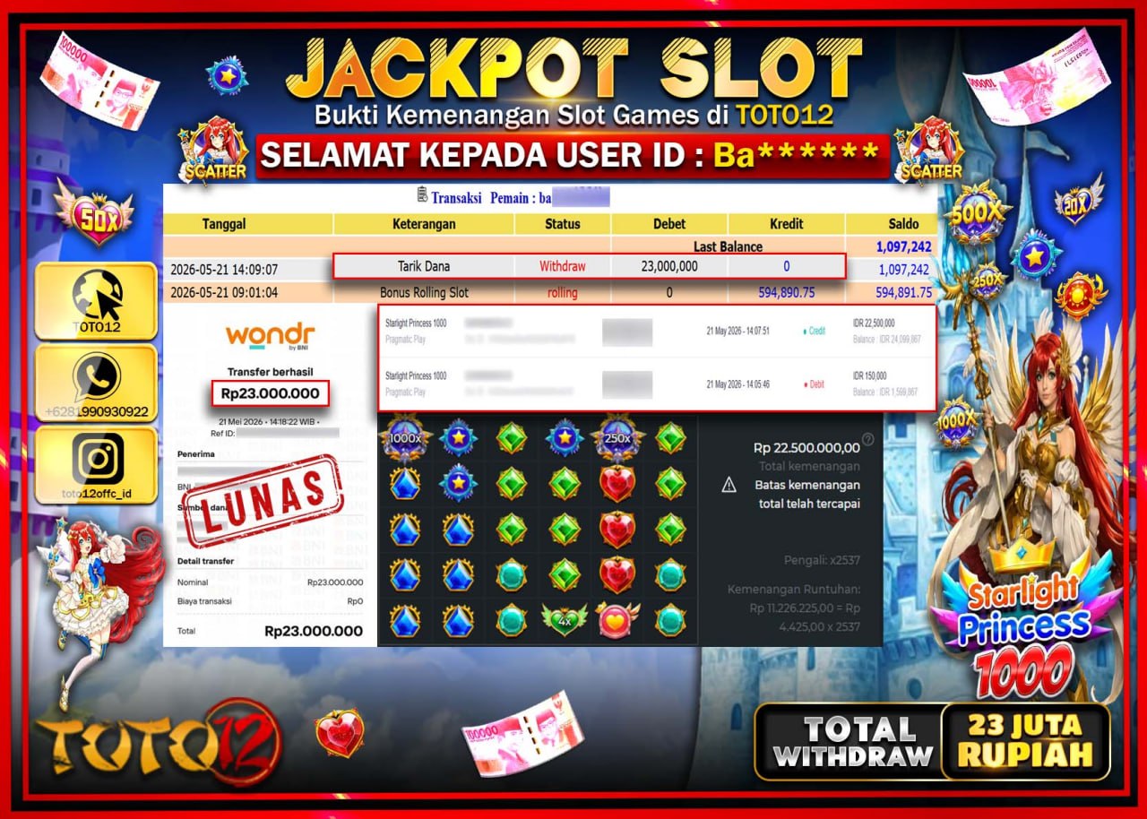 HANYA DI TOTO12 JP PASTI DI BAYAR LUNAS DAN CEPAT!!!!!! JACKPOT SLOT GAME (STARLIGHT PRINCESS 1000) Rp23.000.000!!!!