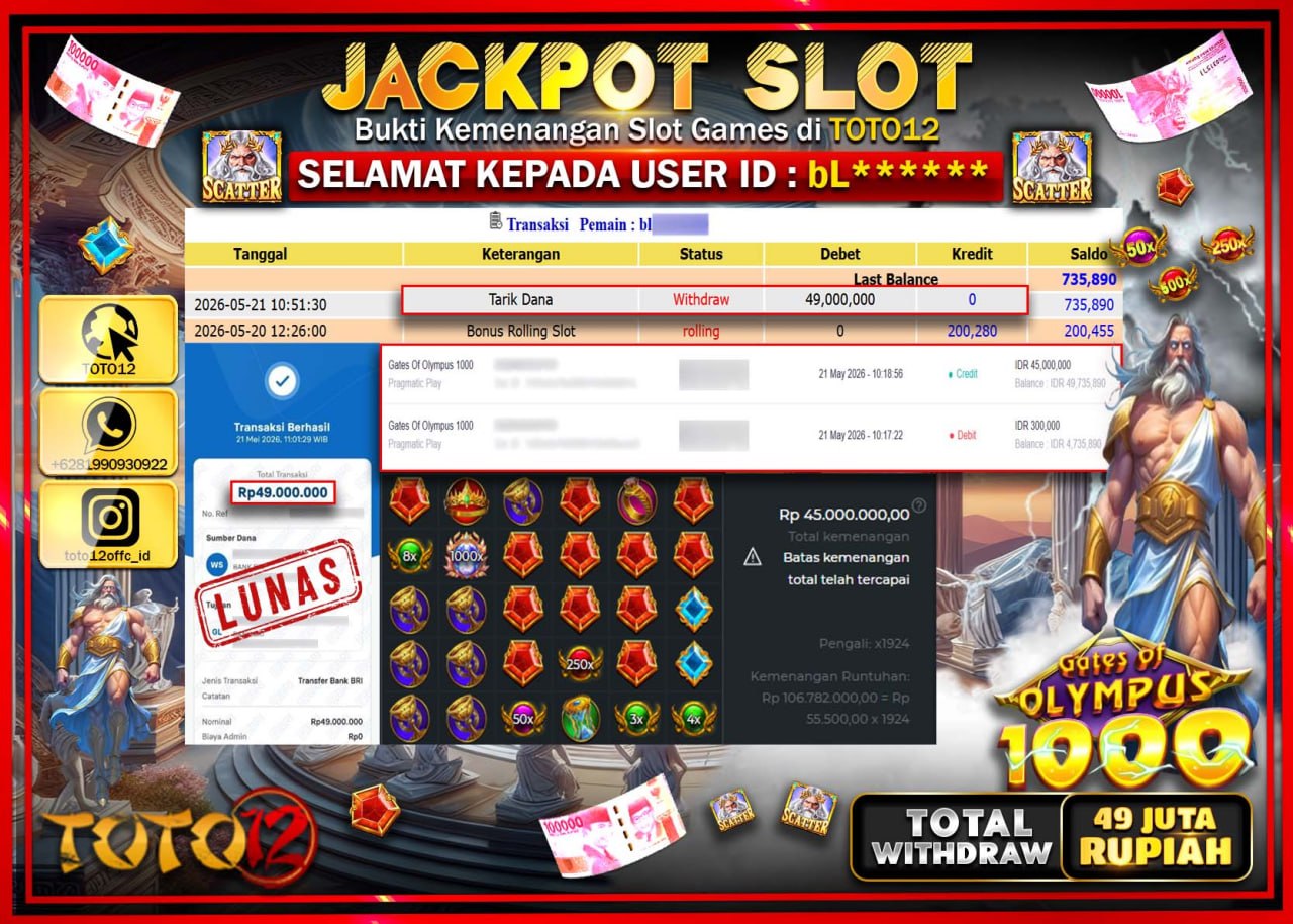 HANYA DI TOTO12 JP PASTI DI BAYAR LUNAS DAN CEPAT!!!!!! JACKPOT SLOT GAME (GATES OF OLYMPUS 1000) Rp49.000.000!!!!