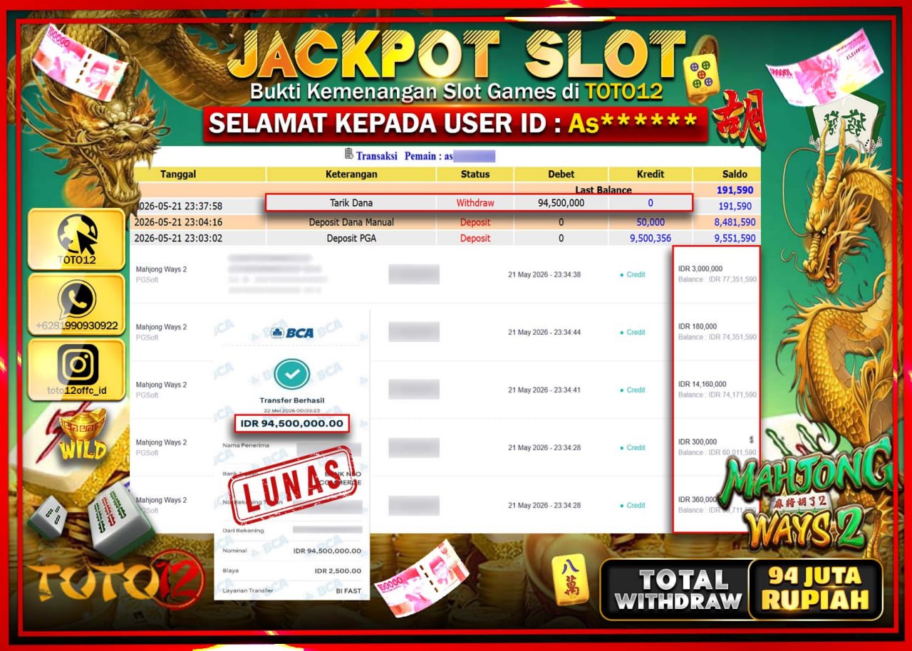 HANYA DI TOTO12 JP PASTI DI BAYAR LUNAS DAN CEPAT!!!!!! JACKPOT SLOT GAME (MAHJONG WAYS 2) Rp94.500.000!!!!