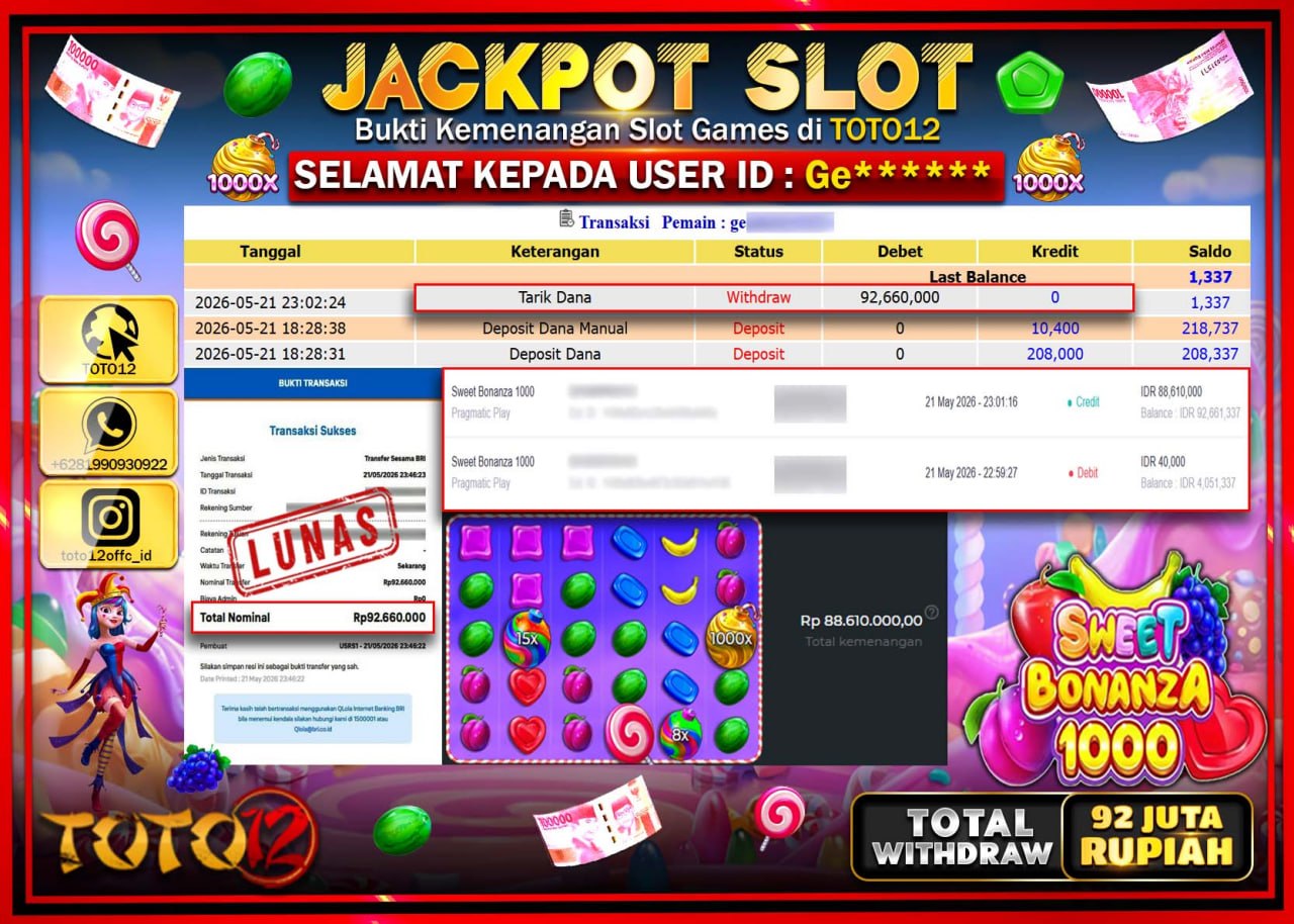 HANYA DI TOTO12 JP PASTI DI BAYAR LUNAS DAN CEPAT!!!!!! JACKPOT SLOT GAME (SWEET BONANZA 1000) Rp92.660.000!!!!