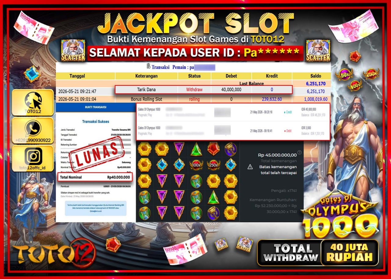 HANYA DI TOTO12 JP PASTI DI BAYAR LUNAS DAN CEPAT!!!!!! JACKPOT SLOT GAME (GATES OF OLYMPUS 1000) Rp40.000.000!!!!