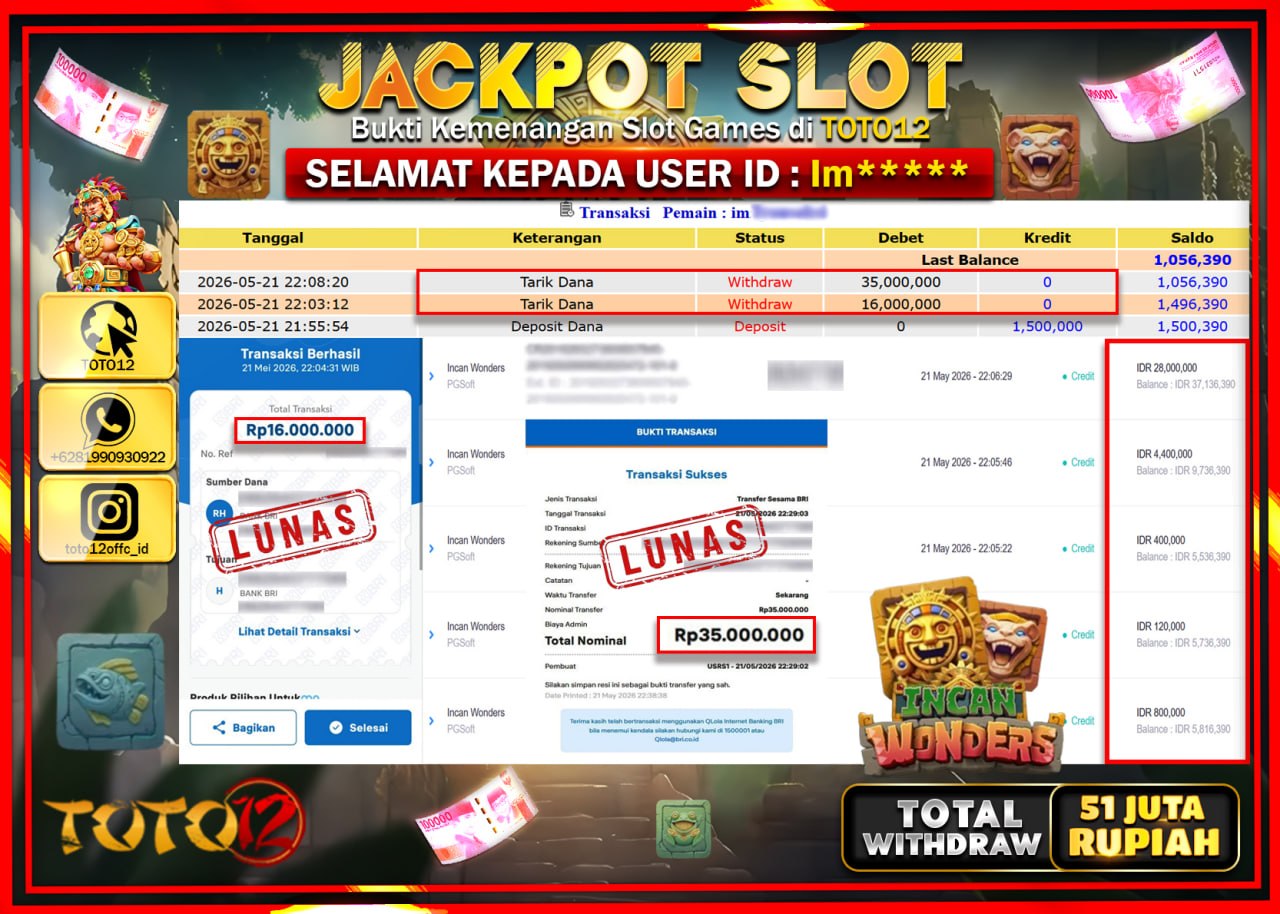 HANYA DI TOTO12 JP PASTI DI BAYAR LUNAS DAN CEPAT!!!!!! JACKPOT SLOT GAME (INCAN WONDERS) Rp51.000.000!!!!