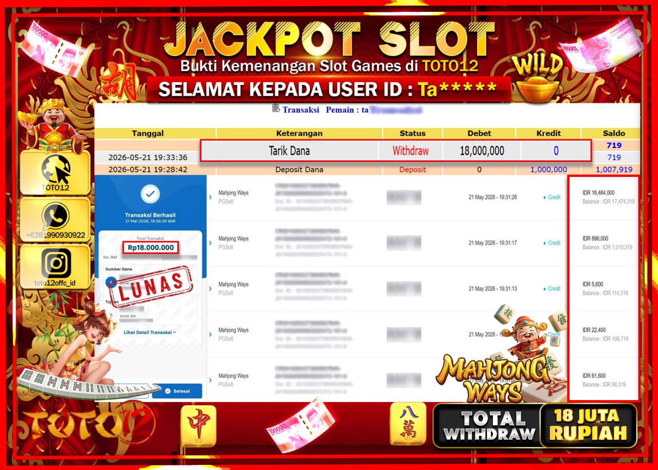 HANYA DI TOTO12 JP PASTI DI BAYAR LUNAS DAN CEPAT!!!!!! JACKPOT SLOT GAME (MAHJONG WAYS) Rp18.000.000!!!!
