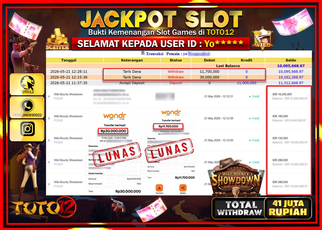 HANYA DI TOTO12 JP PASTI DI BAYAR LUNAS DAN CEPAT!!!!!! JACKPOT SLOT GAME (WILD BOUNTY SHOWDOWN) Rp41.700.000!!!!