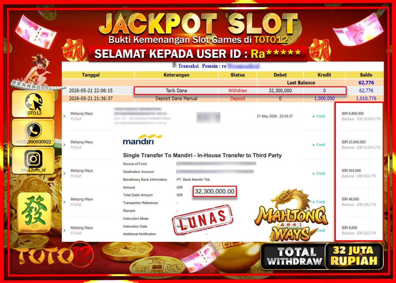 HANYA DI TOTO12 JP PASTI DI BAYAR LUNAS DAN CEPAT!!!!!! JACKPOT SLOT GAME (MAHJONG WAYS) Rp32.300.000!!!!
