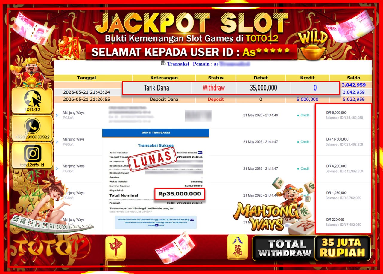 HANYA DI TOTO12 JP PASTI DI BAYAR LUNAS DAN CEPAT!!!!!! JACKPOT SLOT GAME (MAHJONG WAYS) Rp35.000.000!!!!
