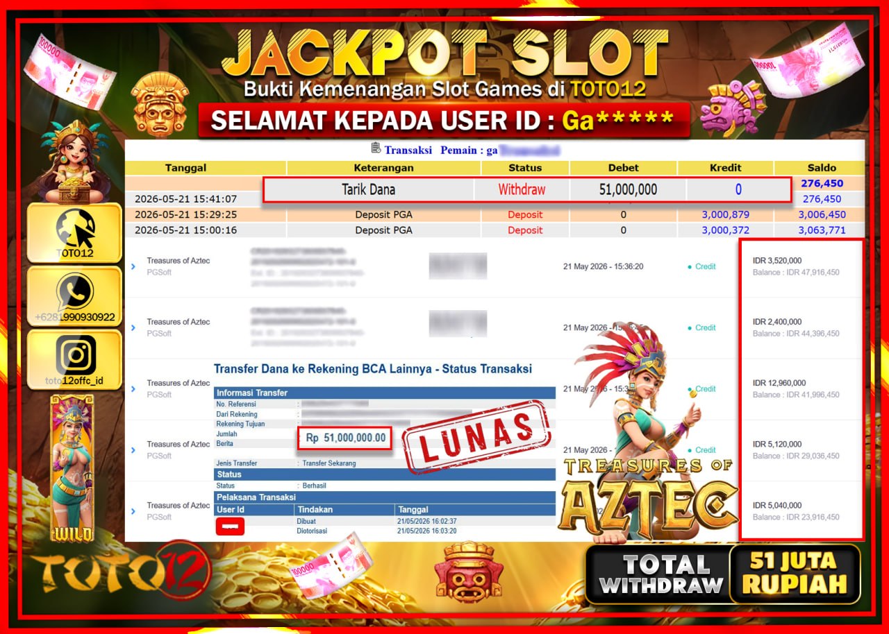 HANYA DI TOTO12 JP PASTI DI BAYAR LUNAS DAN CEPAT!!!!!! JACKPOT SLOT GAME (TREASURES OF AZTEC) Rp51.000.000!!!!