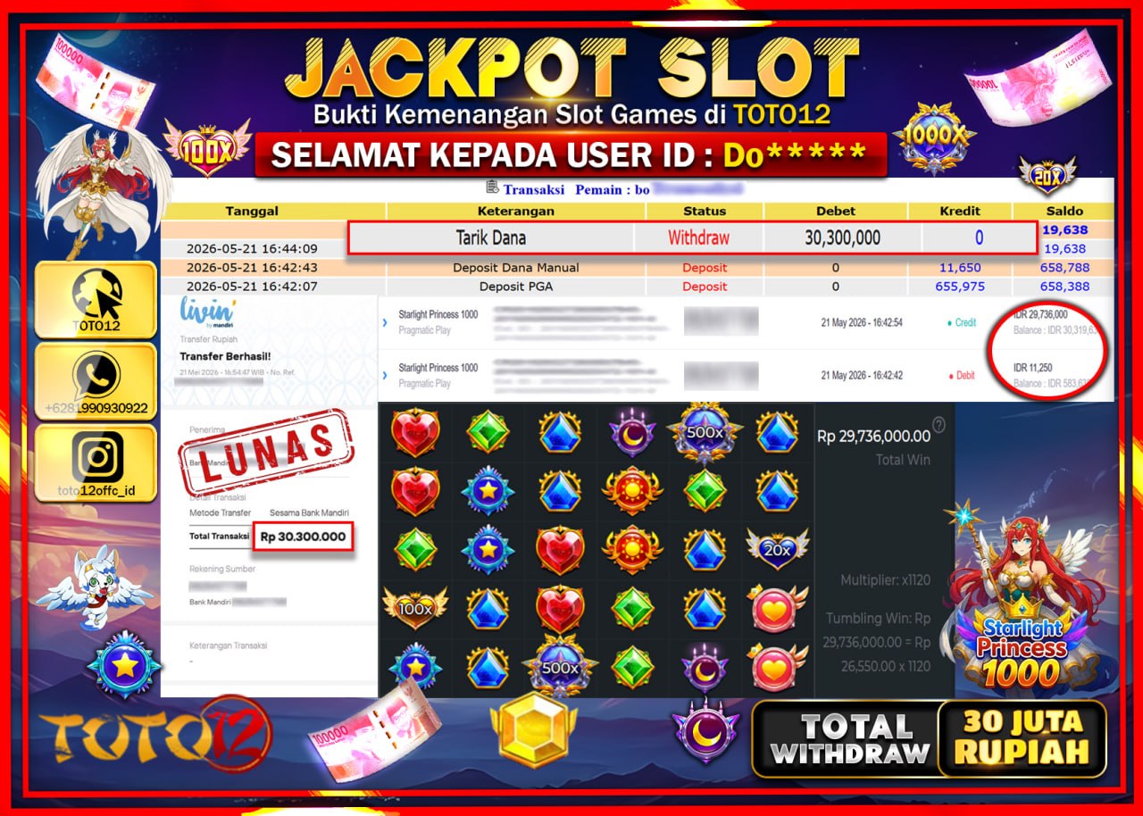 HANYA DI TOTO12 JP PASTI DI BAYAR LUNAS DAN CEPAT!!!!!! JACKPOT SLOT GAME (STARLIGHT PRINCESS 1000) Rp30.300.000!!!!