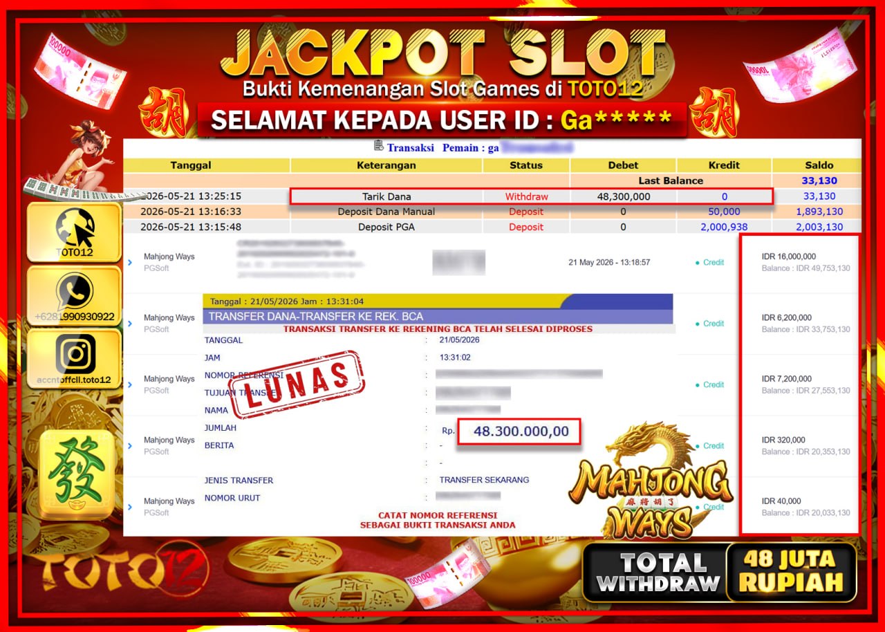 HANYA DI TOTO12 JP PASTI DI BAYAR LUNAS DAN CEPAT!!!!!! JACKPOT SLOT GAME (MAHJONG WAYS) Rp48.300.000!!!!